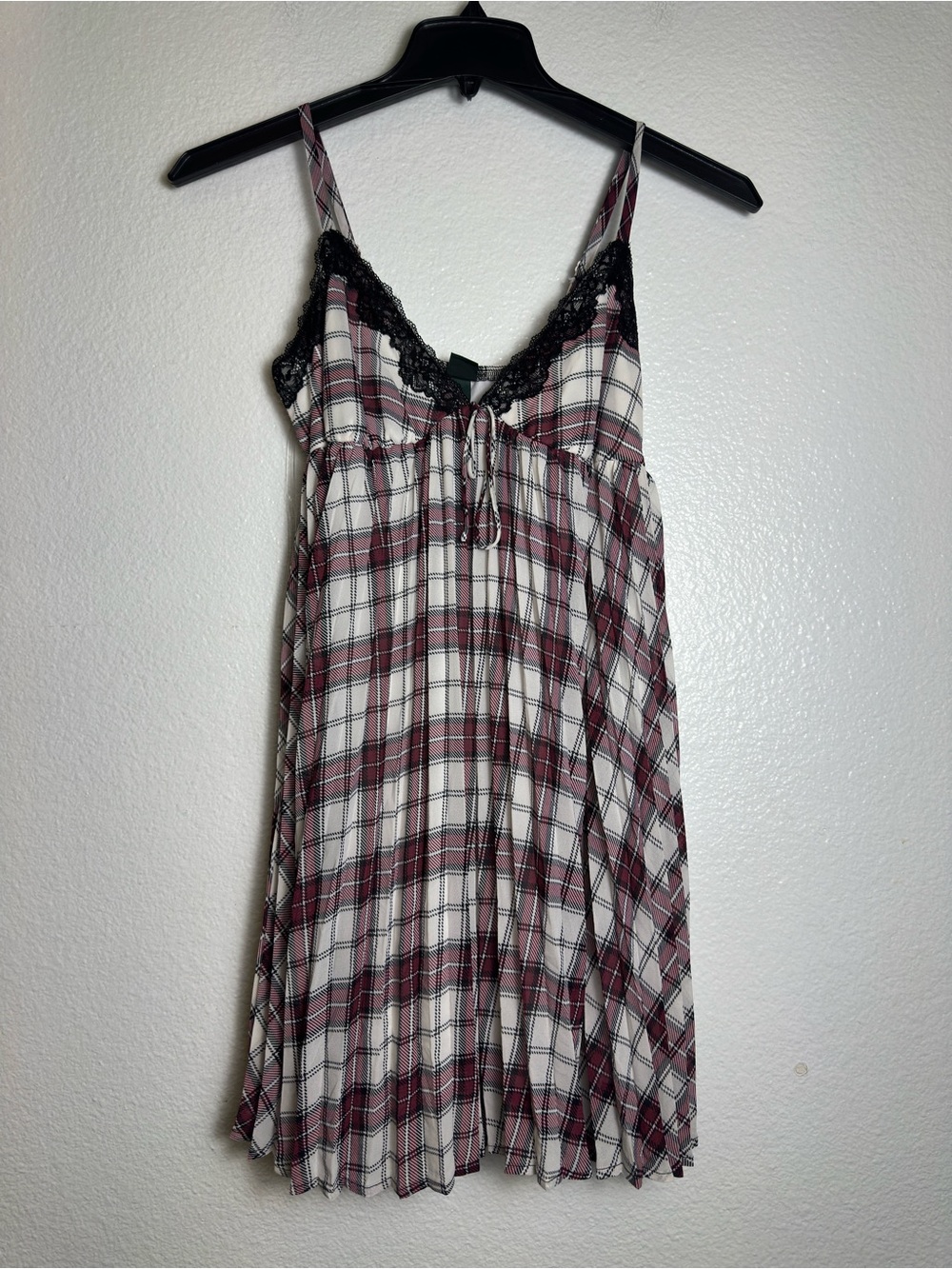 wild fable Burgundy, Black & White Plaid Lace-Trim Mini Dress